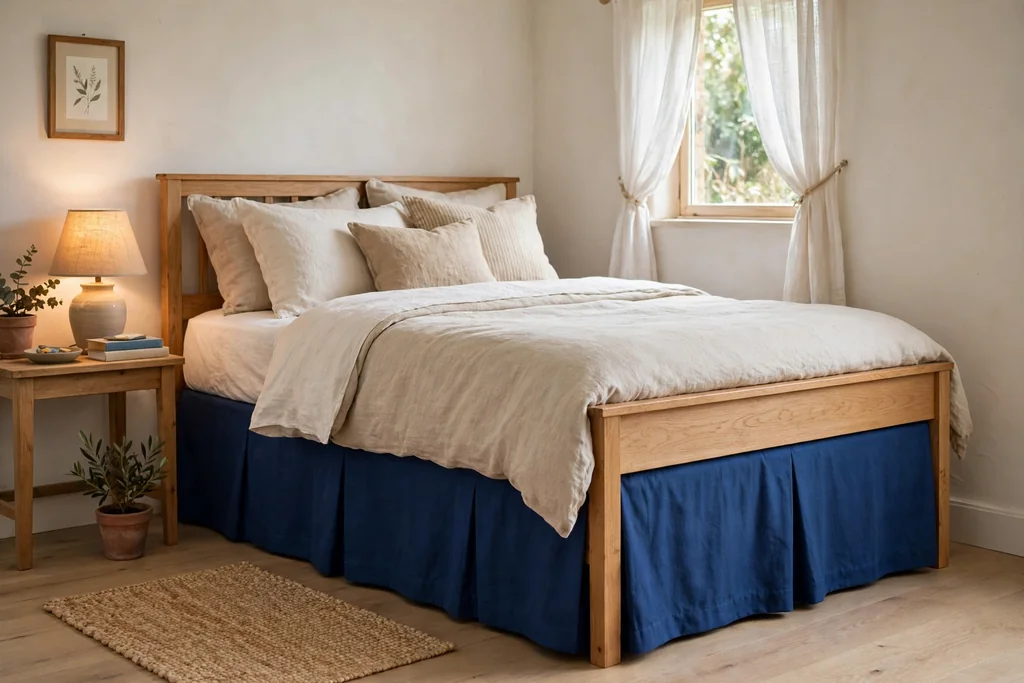 Bed with a tailored sapphire bed skirt and a simple wood frame below it