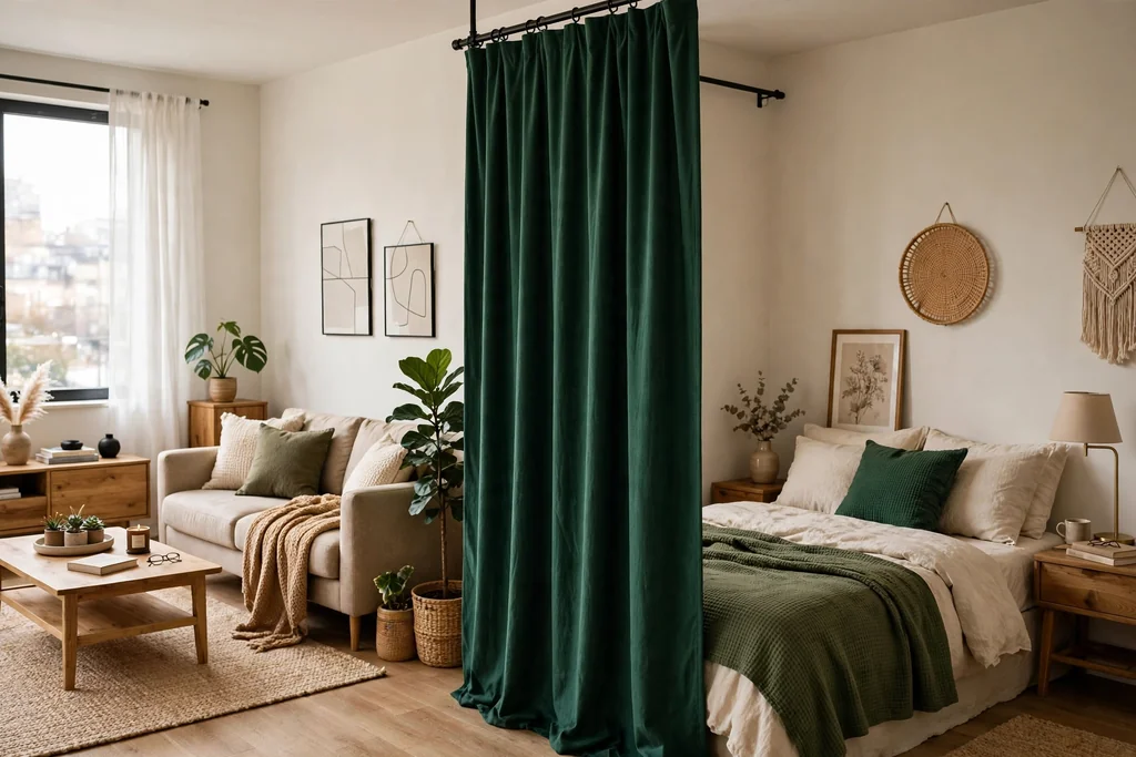 Studio bedroom with an emerald curtain divider separating the sleeping corner