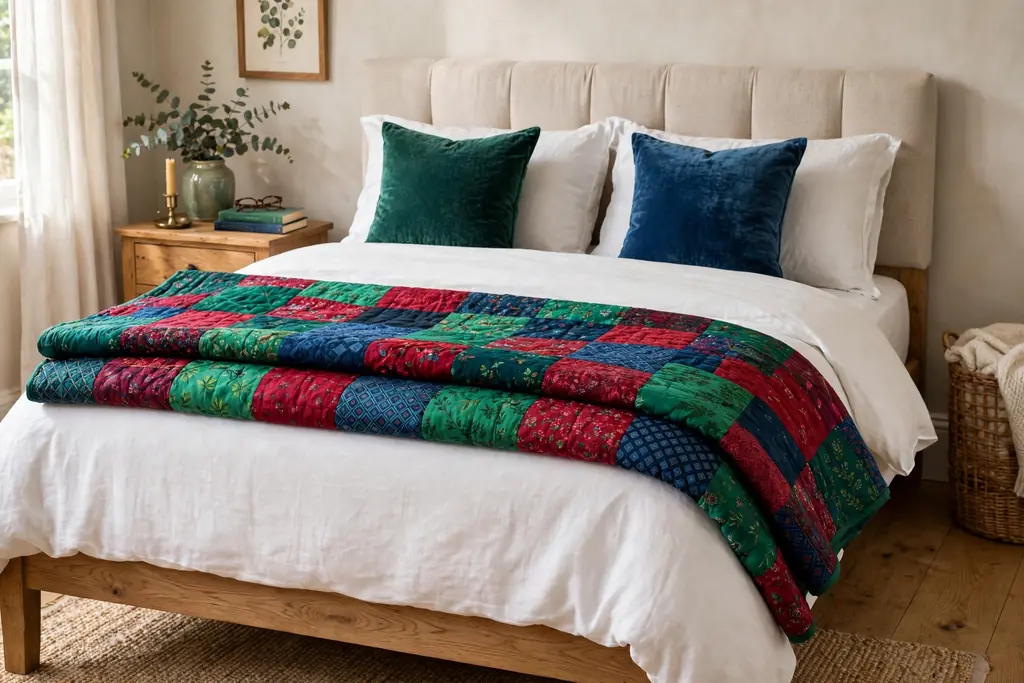Bed with a jewel tone patchwork quilt folded across the foot