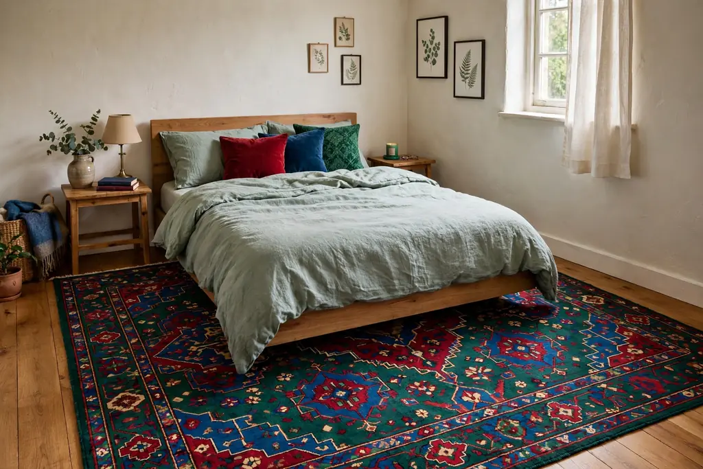 Small bedroom with a jewel tone patterned rug extending past the bed edges