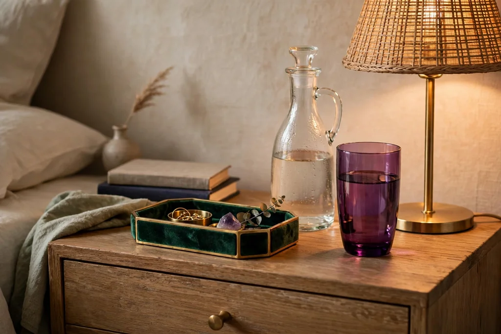 Nightstand with a jewel tone tray, a glass carafe and an amethyst drinking glass