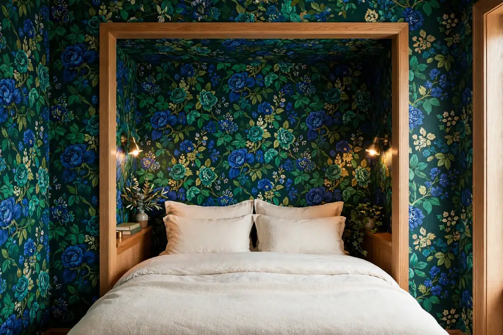Bed alcove papered in jewel tone floral wallpaper with plain bedding