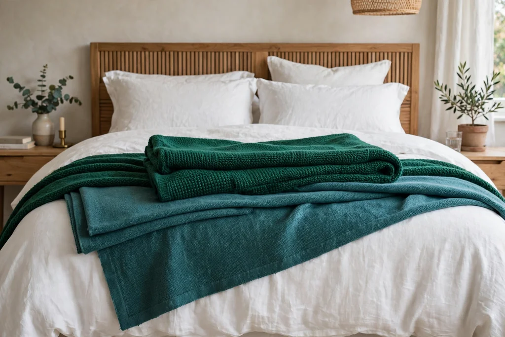 Bed with layered emerald and teal throws folded at different lengths