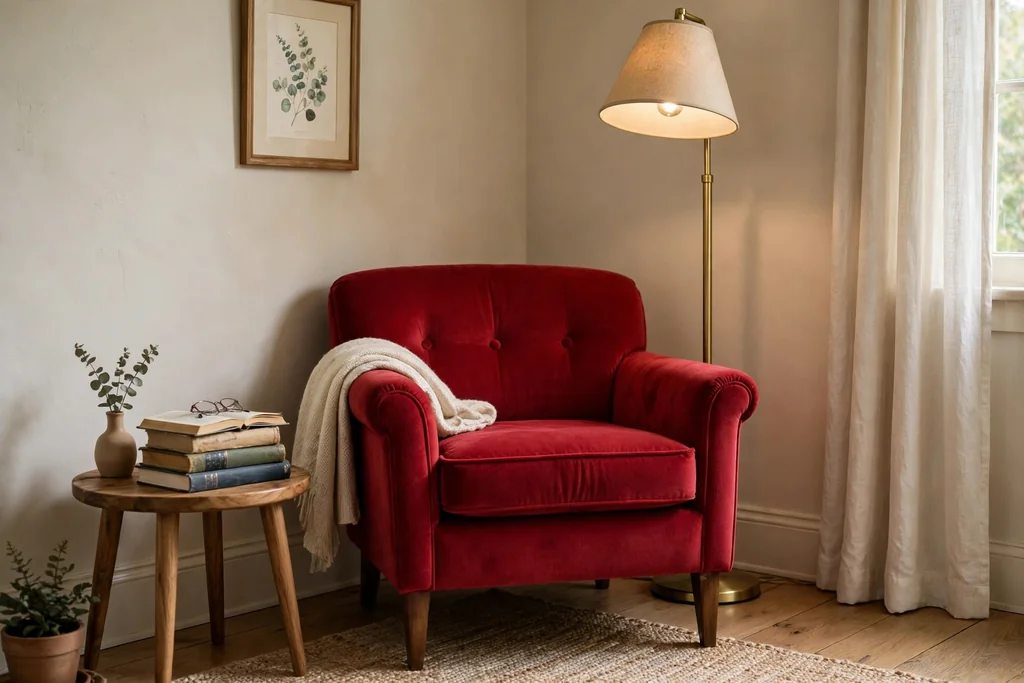 Small ruby armchair in a bedroom corner beside a floor lamp and side table