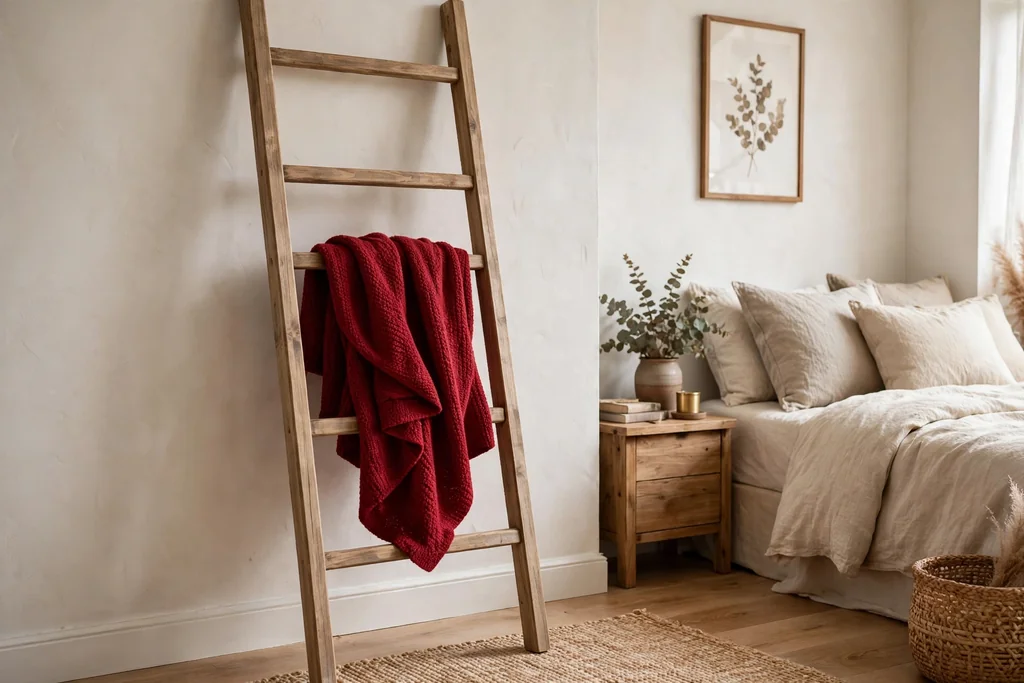 Wood ladder rack against a bedroom wall with a ruby throw draped over a rung