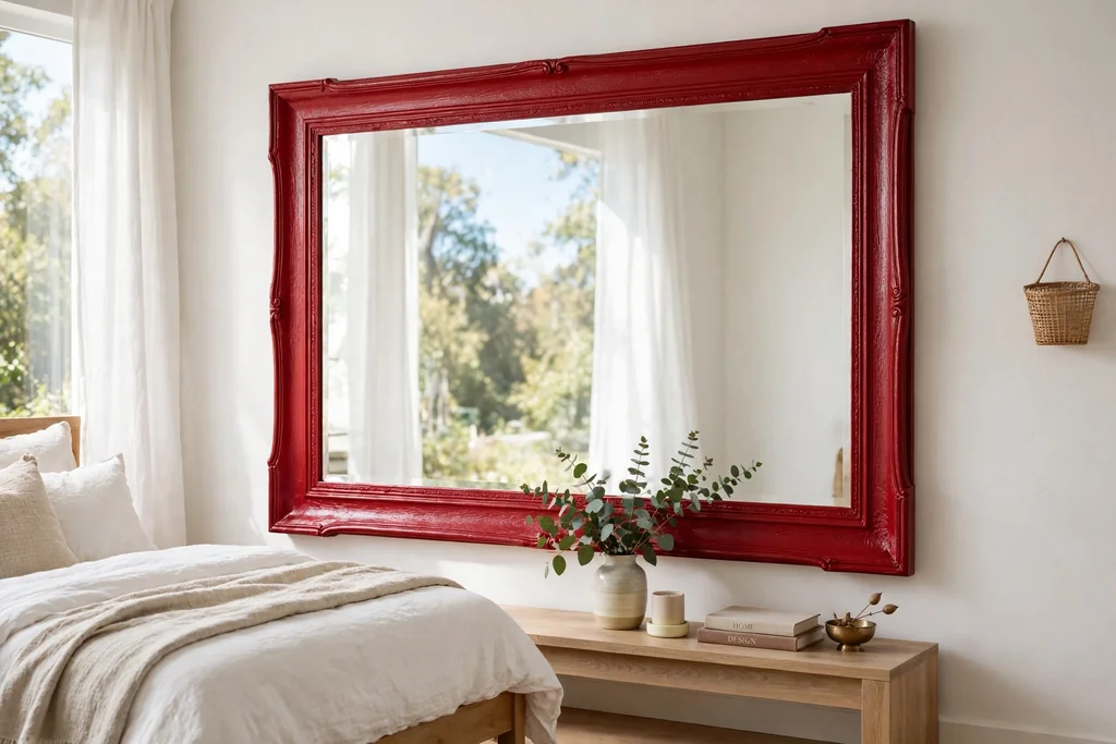Bedroom wall with a large mirror in a ruby painted frame