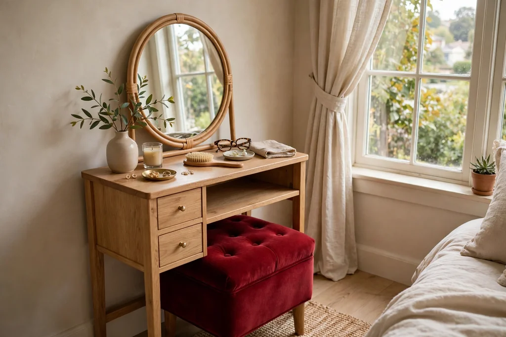 Small dressing table with a ruby upholstered stool tucked beneath it