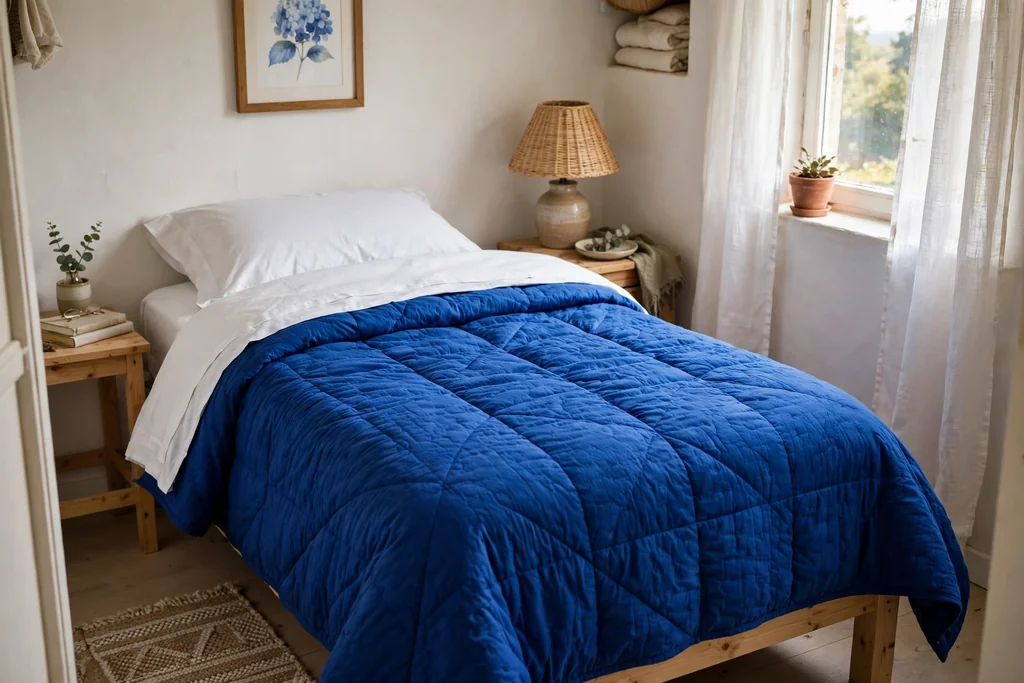 Bed dressed in sapphire bedding with crisp white sheets folded at the top