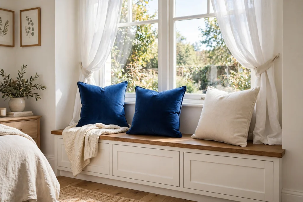 Window bench with sapphire cushions and a cream cushion beside them
