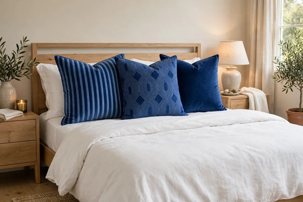 Bed with sapphire pillows in mixed stripe, geometric and velvet prints