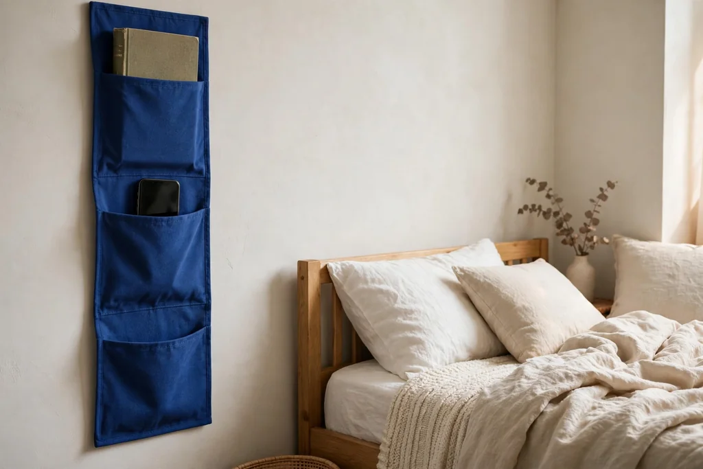 Bedside wall with sapphire fabric pockets holding a book and a phone