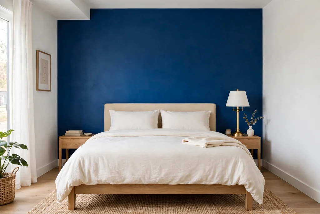 Bedroom with a sapphire accent wall behind the bed and white side walls
