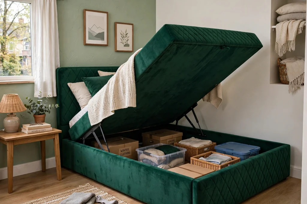 Small bedroom with a lift up storage bed upholstered in emerald fabric, base raised to show storage