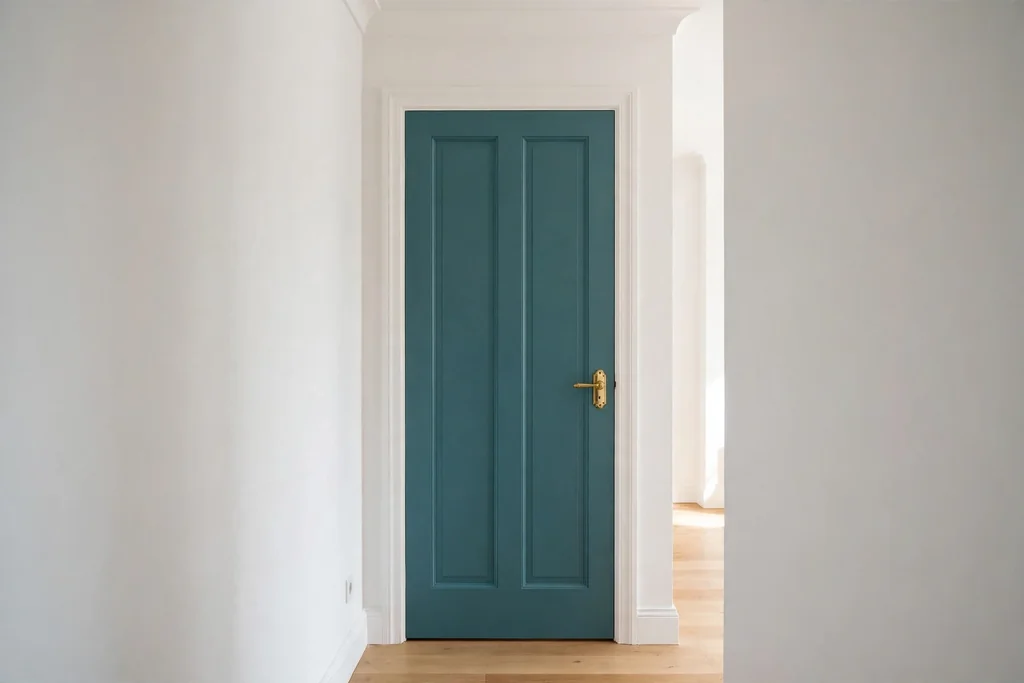 Bedroom door painted teal with white trim and a brass handle