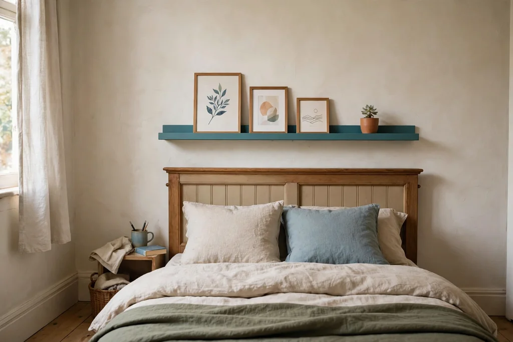 Teal shelf ledge above a headboard holding small prints and a tiny plant
