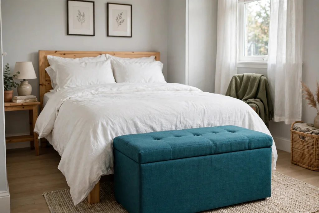 Teal storage ottoman placed at the foot of a bed in a small bedroom