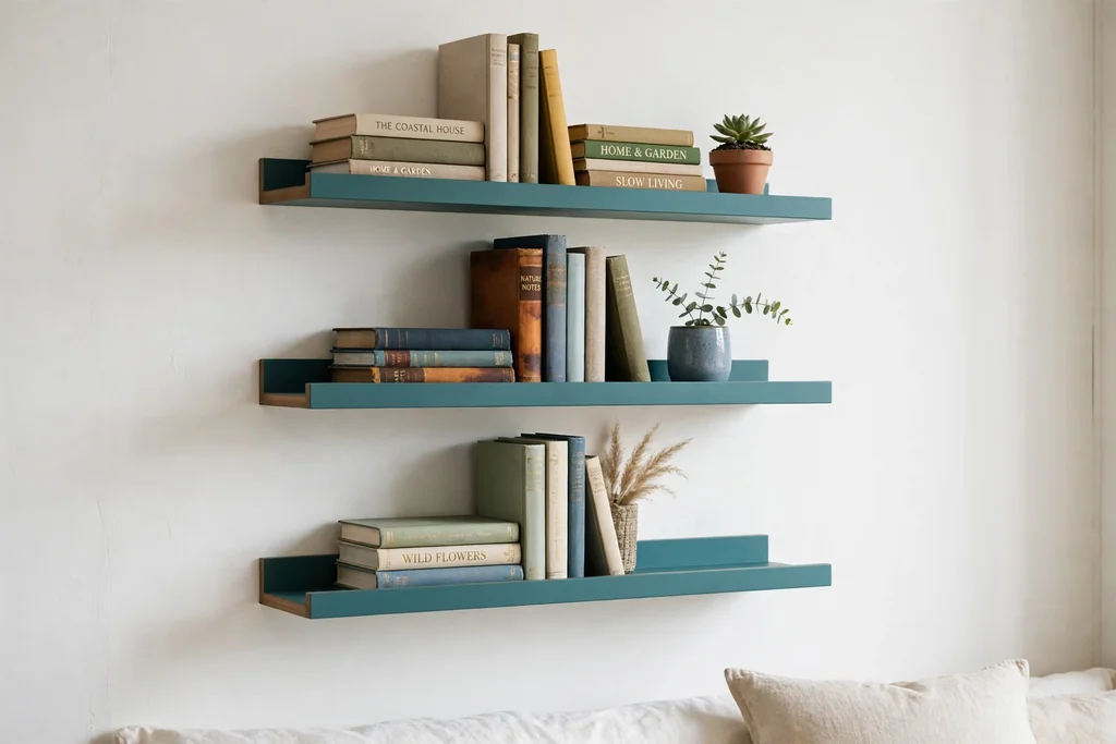 Bedroom wall with teal floating shelves holding books and a small plant