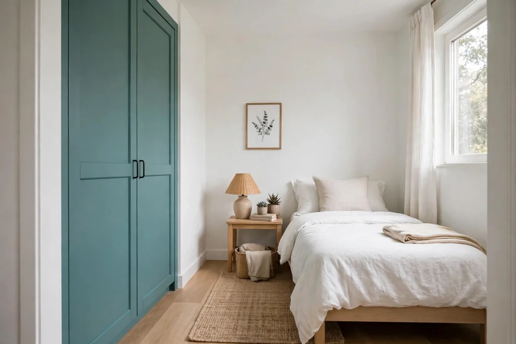 Bedroom with teal painted wardrobe doors and plain white walls