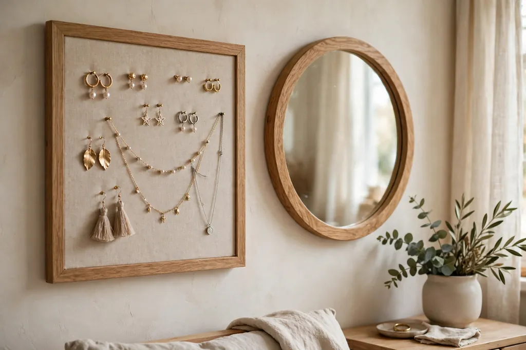 Bedroom wall with a framed fabric pin board holding earrings and short necklaces beside a mirror.