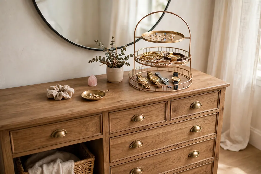 Dresser with a tiered tray holding rings, bracelets, and watches near a mirror.