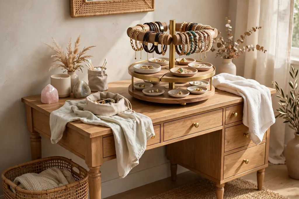 Vanity with a rotating carousel stand holding bracelets and small jewelry dishes.