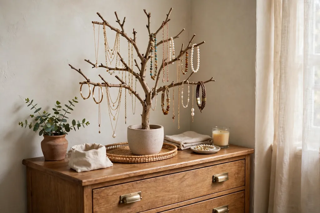 Dresser corner with a branch jewelry tree holding hanging necklaces and bracelets.