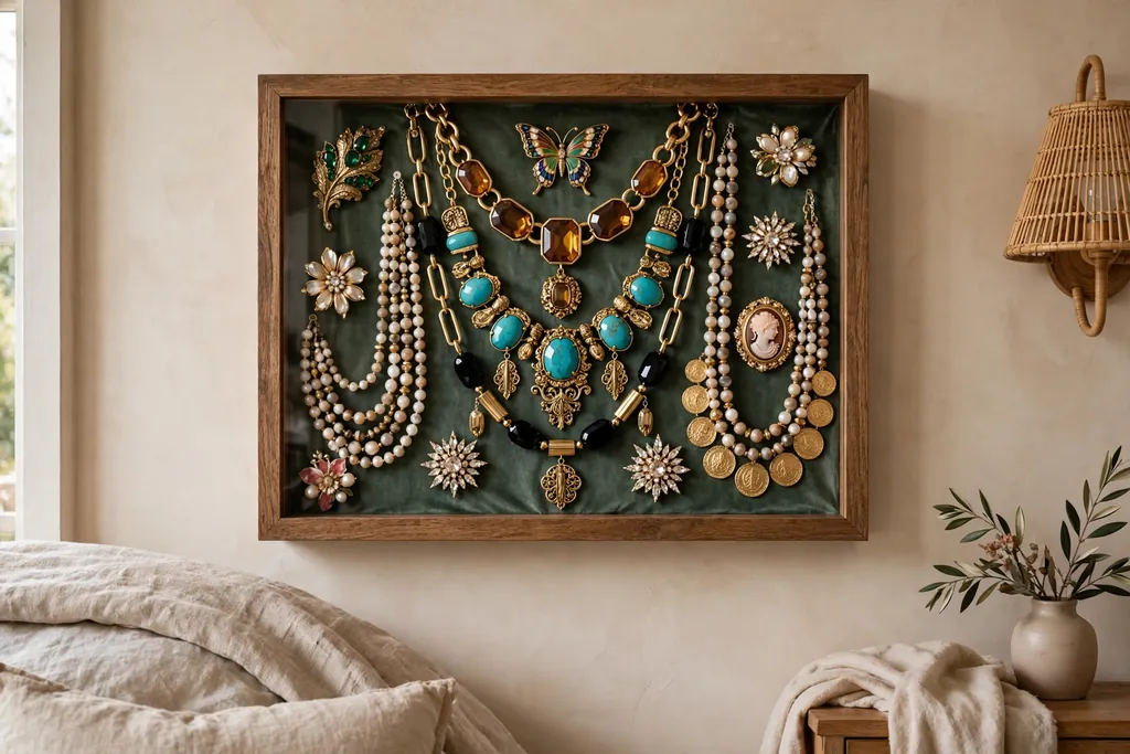 Bedroom wall with a shadow box frame displaying statement necklaces and brooches.