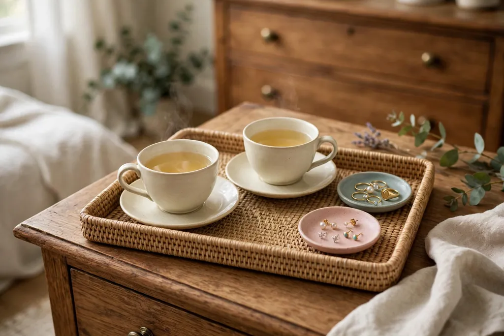 Dresser tray with teacups and small dishes holding rings and stud earrings.