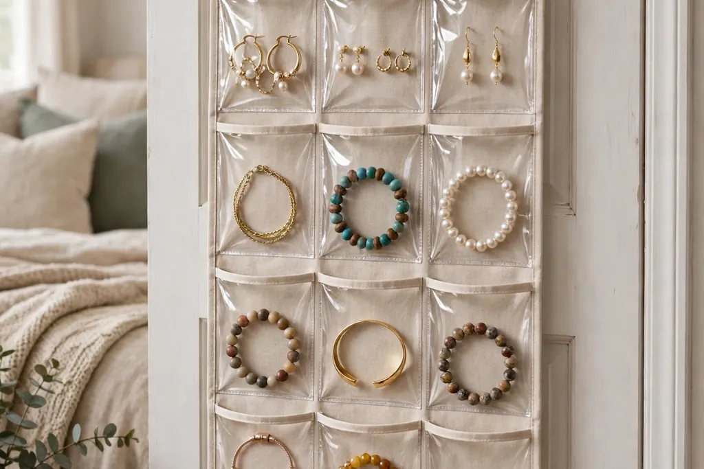 Bedroom door with a hanging pocket organizer holding earrings and bracelets in clear pockets.