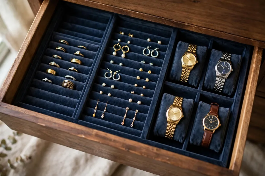 Open dresser drawer with velvet inserts holding rings, earrings, and watches in sections.