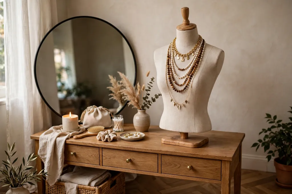 Dressing table with a dress-form bust displaying layered necklaces beside a mirror.