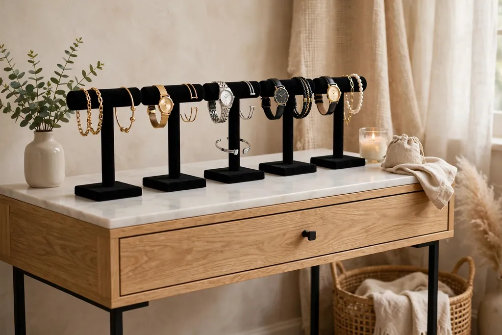 Vanity with T-bar stands holding bracelets and watches in a row.