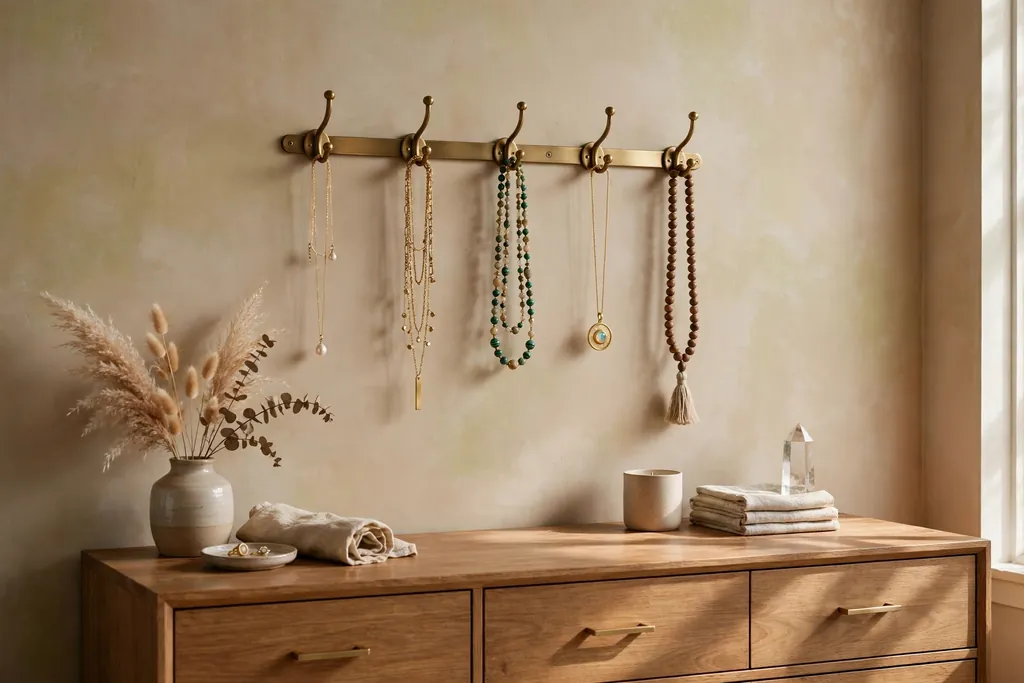 Bedroom wall above a dresser with a brass hook rail holding hanging necklaces.