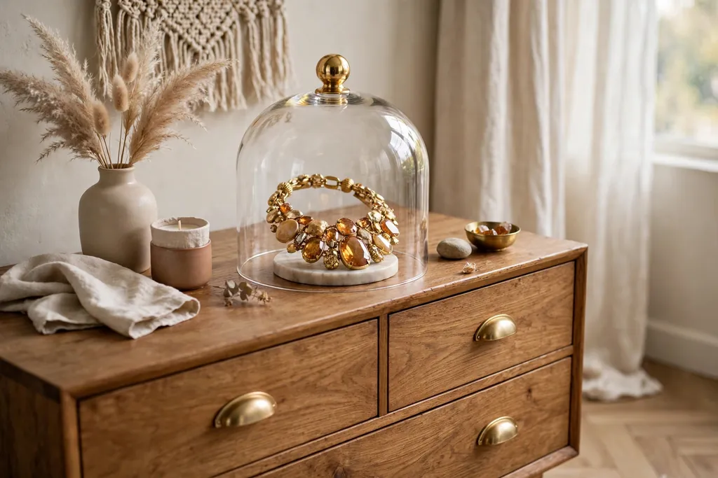 Dresser with a glass dome covering a statement necklace on a small base.