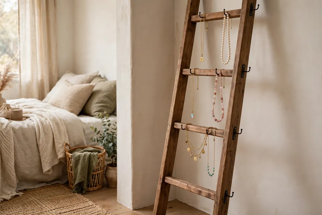 Bedroom corner with a leaning ladder fitted with hooks holding necklaces.