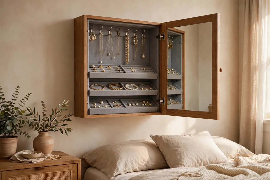Bedroom wall with an open mirror cabinet revealing hooks and trays for jewelry inside.
