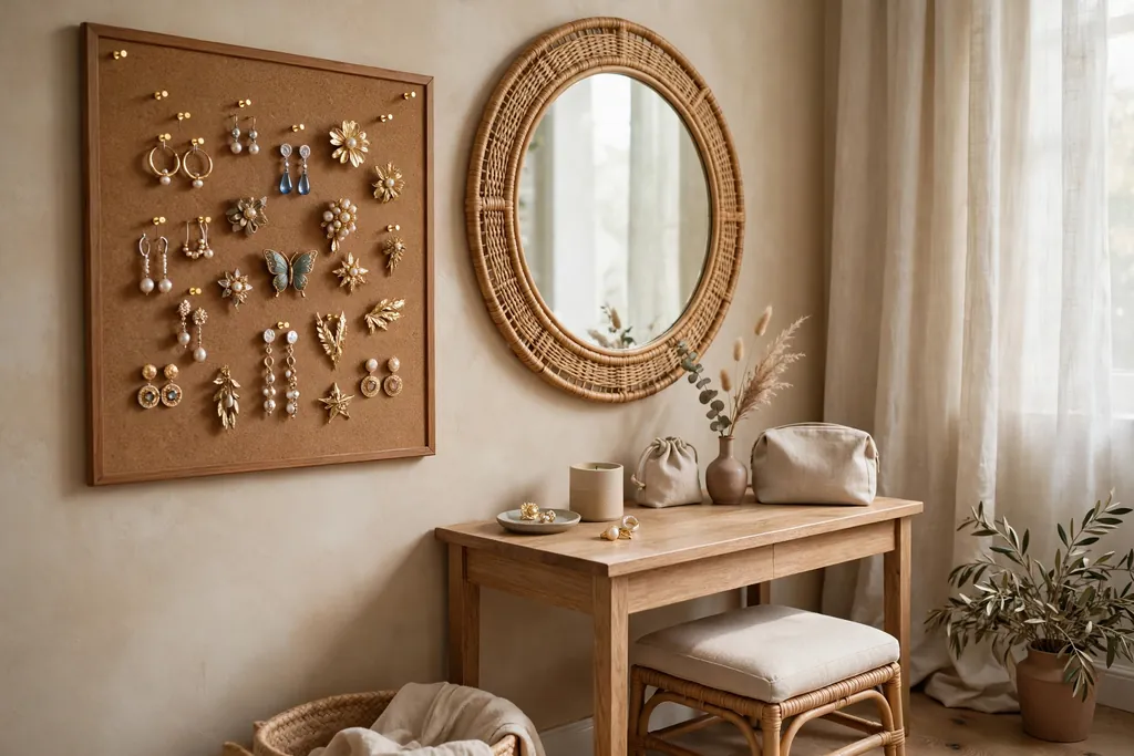 Dressing nook with a cork board pinned with earrings and brooches beside a mirror.