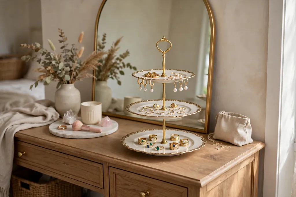 Vanity with a tiered cake stand holding earrings and rings on its plates.