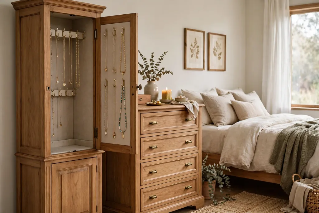 Bedroom with a tall jewelry armoire beside a dresser, its door open showing necklace hooks.