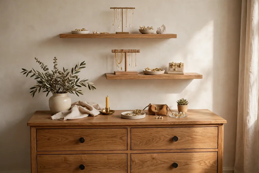 Bedroom wall above a dresser with floating shelves holding jewelry dishes and stands.