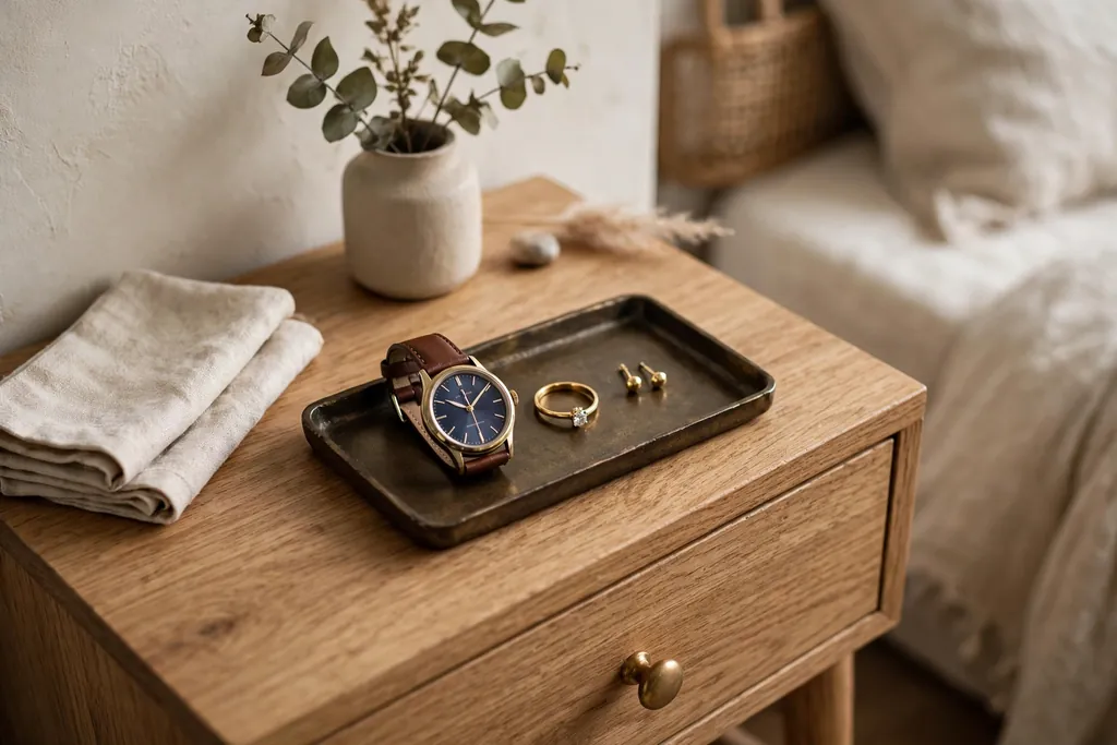 Nightstand with a small tray holding a watch, a ring, and stud earrings.