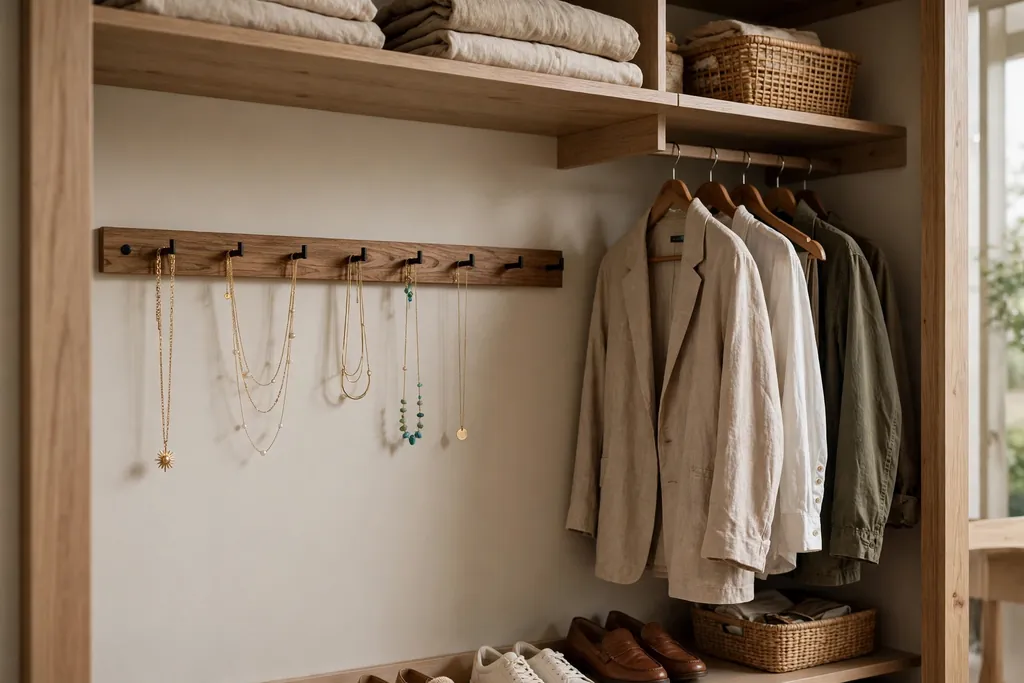 Closet interior with a peg rail on the wall holding hanging necklaces beside clothes.