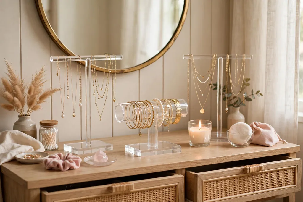 Vanity with clear acrylic stands displaying necklaces and bracelets.