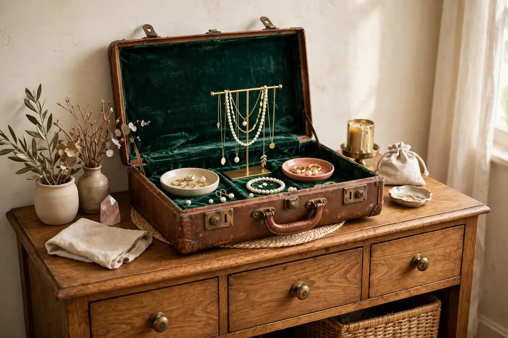 Dresser with an open vintage suitcase lined with velvet holding jewelry dishes and a stand.