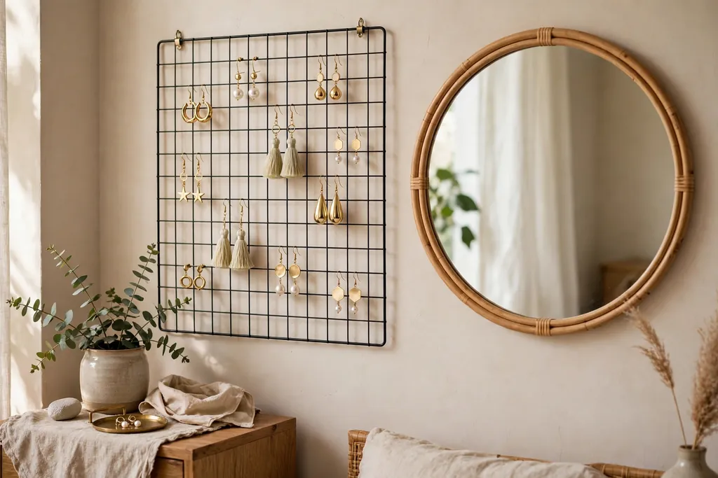 Bedroom wall with a wire mesh frame holding hanging earring pairs beside a mirror.