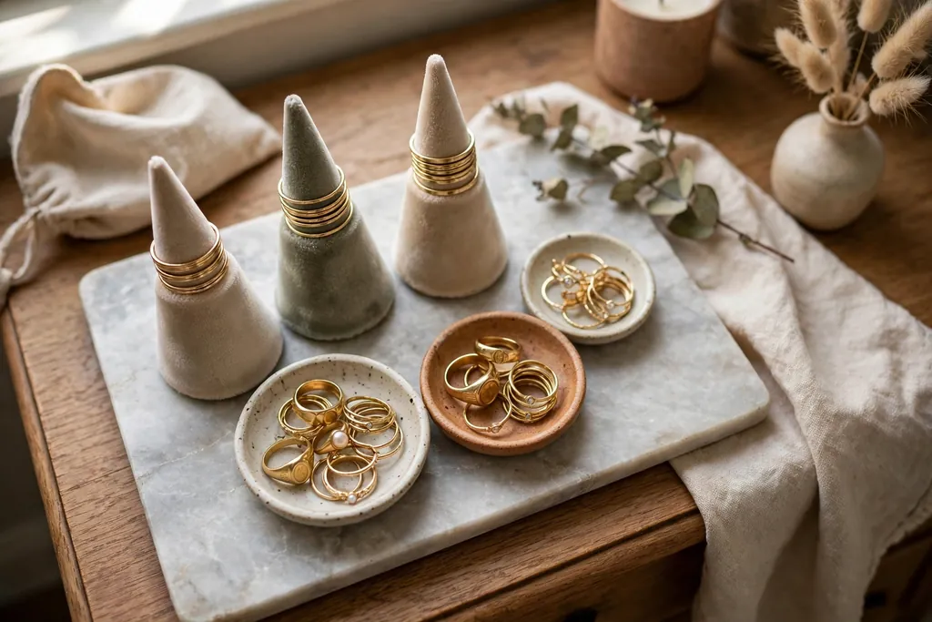 Dresser tray with ring cones and small dishes holding rings in a cluster.