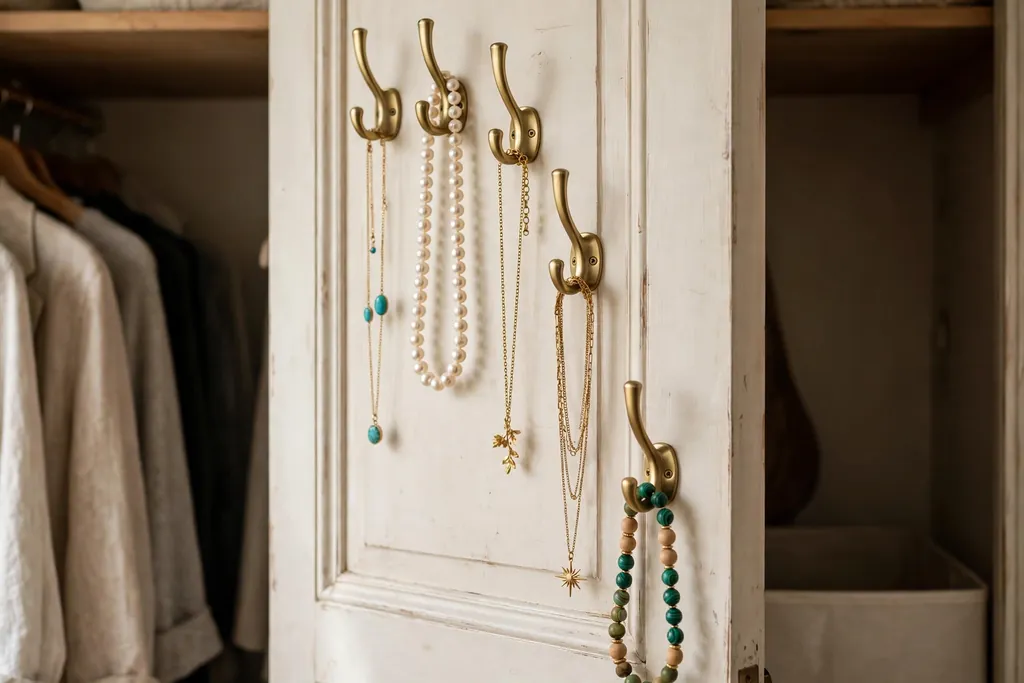 Inside of a closet door with hooks holding hanging necklaces.