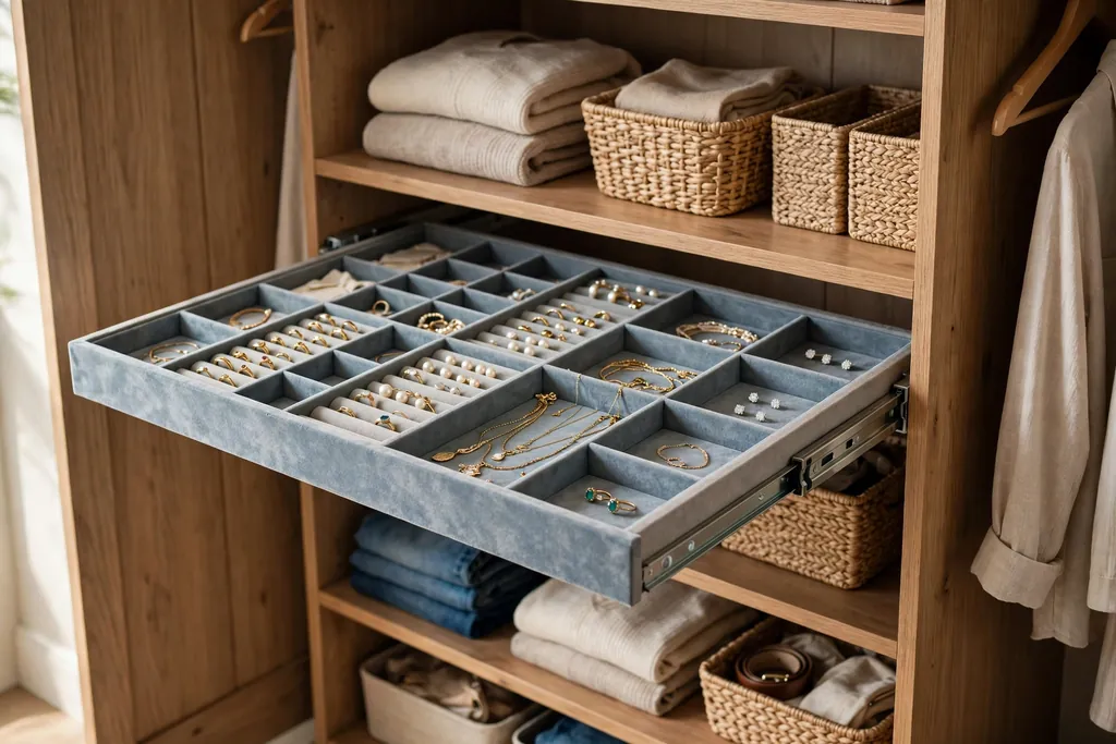 Closet shelving with a slide-out tray pulled open showing lined jewelry sections.
