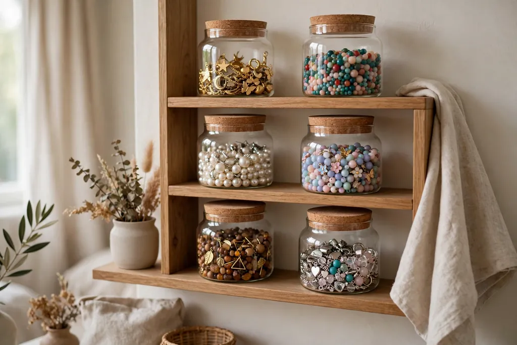 Dressing shelf with glass jars holding small jewelry pieces, beads, and charms.