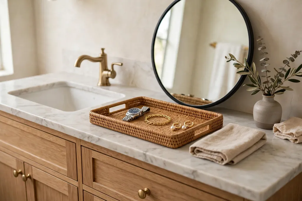 Bathroom vanity with a tray holding a watch, a bracelet, and earrings beside a mirror.